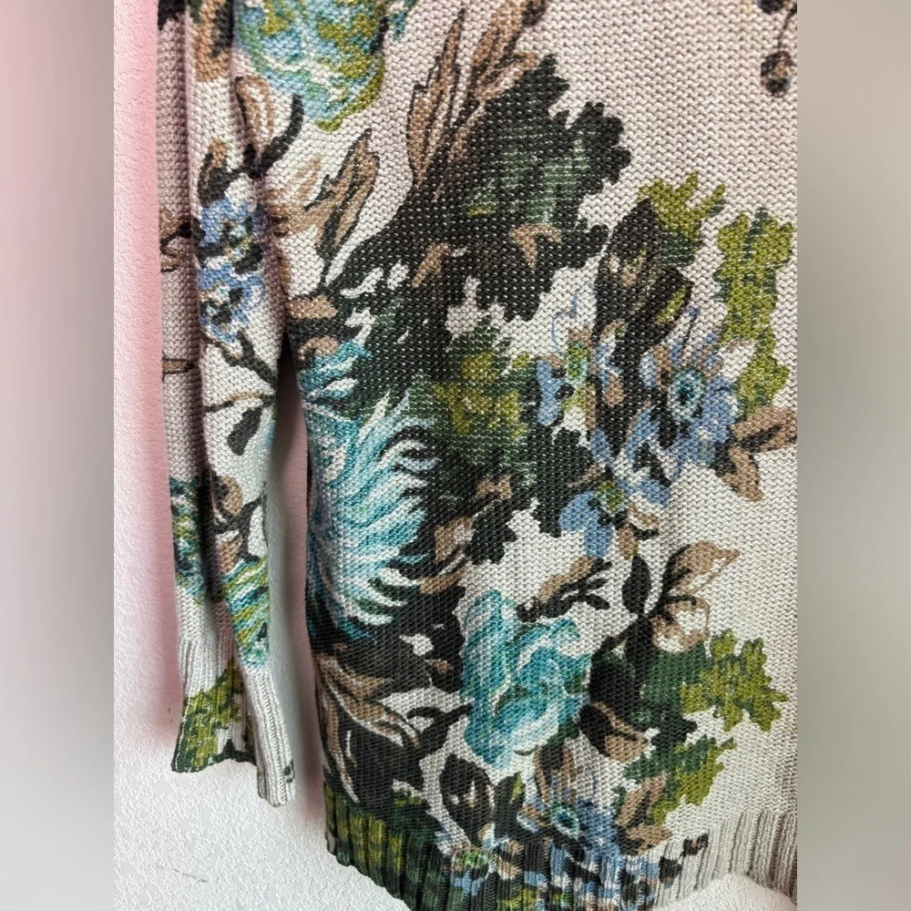 J. Jill Beige Blue Floral Cowl Neck Tunic Length Pullover Sweater S